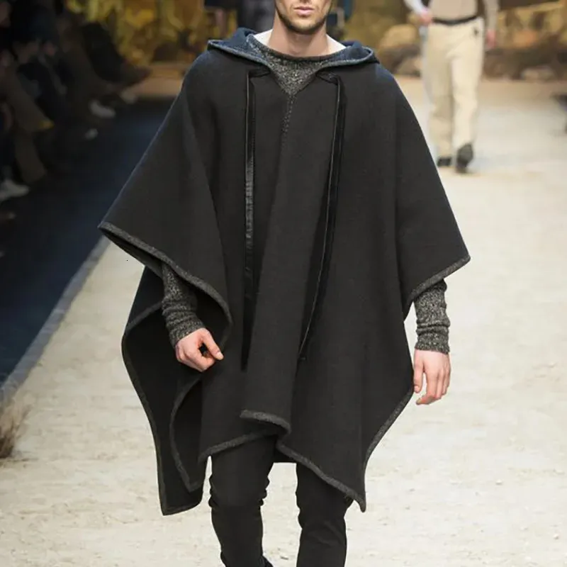 Men's Wool Blends 2023 Men Fashion Autumn Winter Medieval Gothic Maxi Hooded Cloak Poncho Coat Hoodie Cape winter coat men 230928