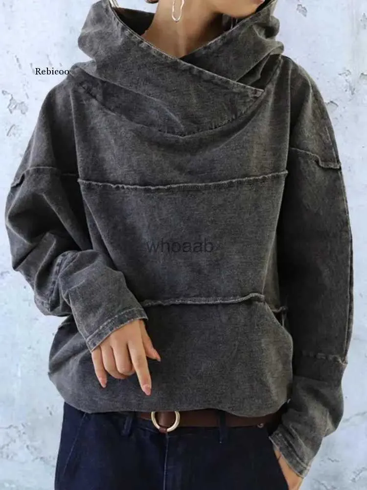 Women's Hoodies Sweatshirts Tooling Loose Washing Denim Tops Autumn Splicing Long Sleeve Gray Hooded Sweater Street Hipster Solid Color Urban Leisure New YQ230928