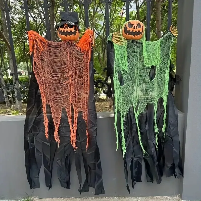 2pcs, Hanging Ghost Pumpkin With Bendable Arms, Halloween Skeleton Pumpkin Decorations With Color Changing Lighted Eyes For Halloween Party Lawn Outdoor