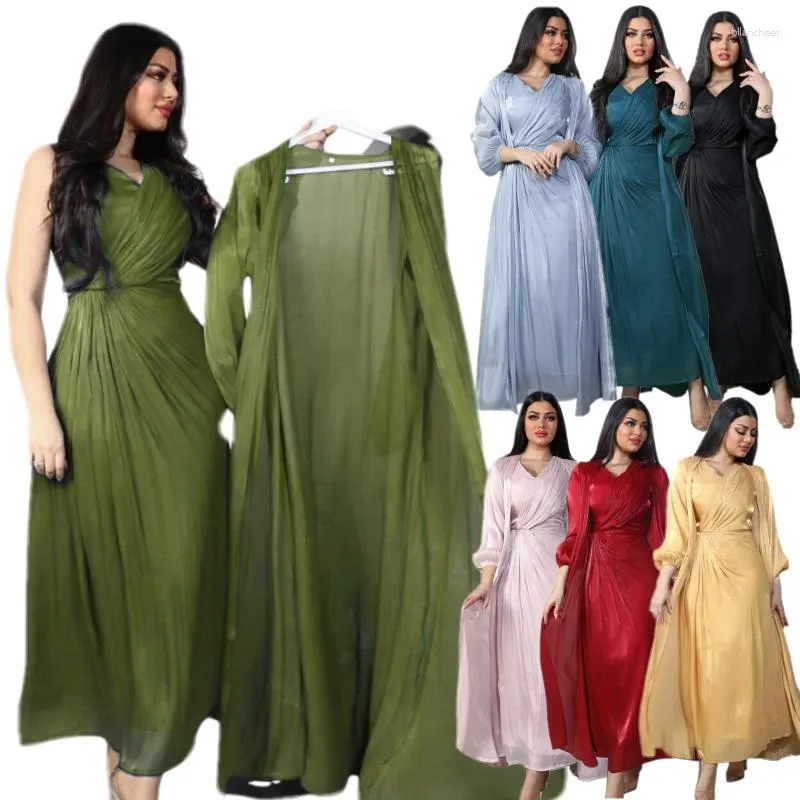 Ethnische Kleidung Luxus Kleid 2 Stücke Glänzende Abend Party Strickjacke Robe Muslim Islamischen Kaftan Abaya Vestidos Eid Ramadan Dubai Kleid weiblich