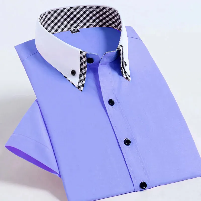 Koszulki sukienki męskiej koszule z krótkim rękawem bez żelaza moda biznesowa podwójna warstwa formalne regularne biuro Camisa Button Up Social 230927