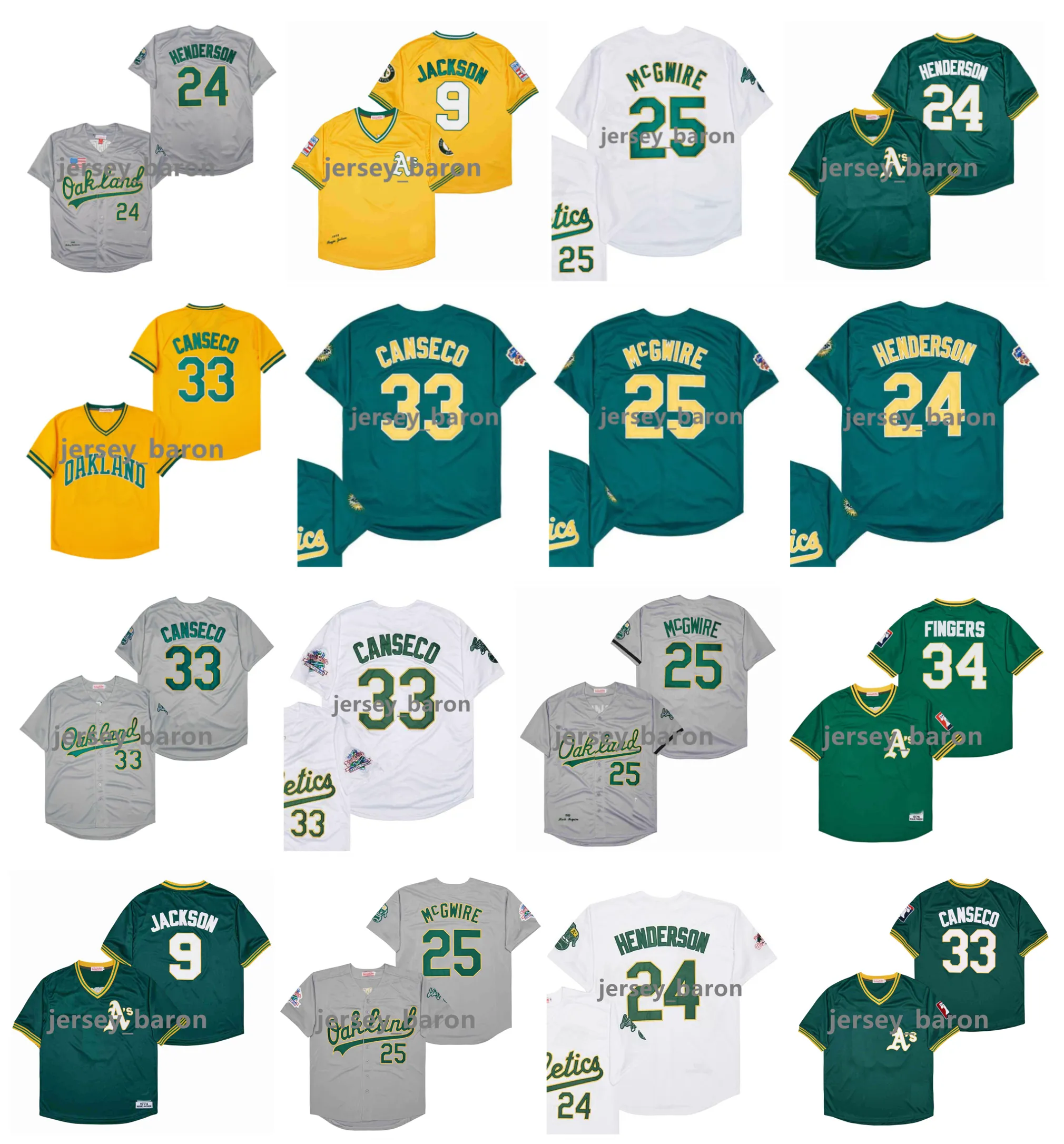 SL Mitch och Ness Throwback Athletics Rickey Henderson Baseball Jersey Reggie Jackson Mark 25 McGwire Jose Canseco Rollie Fingers Green