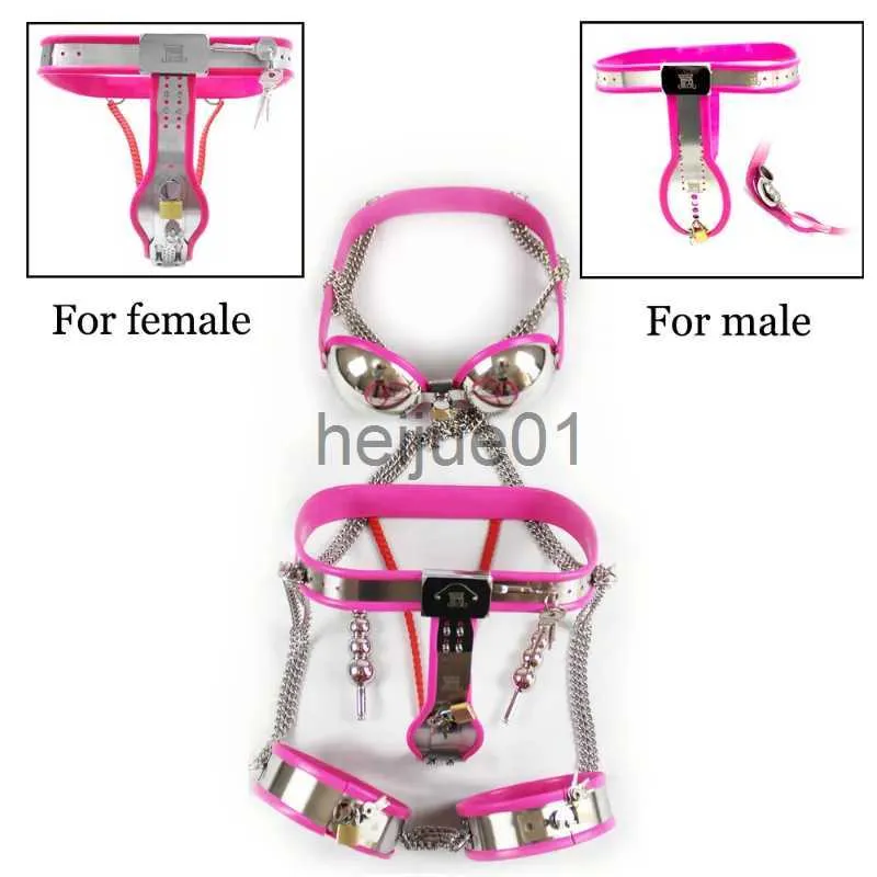 Bondage Mujer / Hombre Esclavo 3 unids Set Cinturón de Castidad Bragas Jaula de Polla Dispositivo de Acero Inoxidable BDSM Restricción Sujetador Ropa Interior Muslo Puños Kit x0928