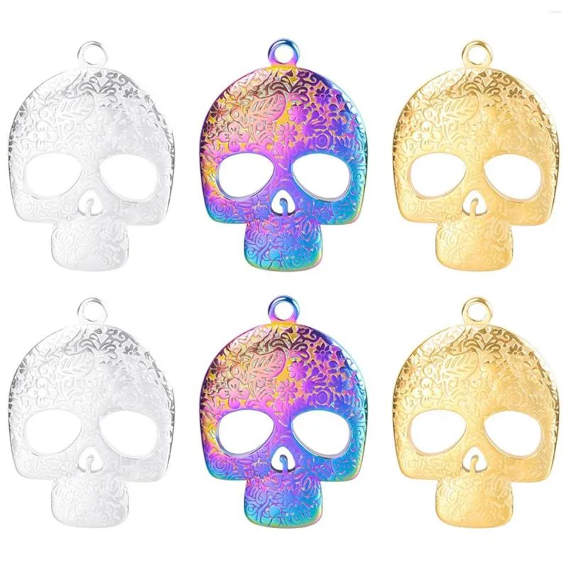 Charms 2st rostfritt stål skalle snidade mönster halloween multicolor ihåliga metall hängen kvinnor män diy halsband smycken gåvor