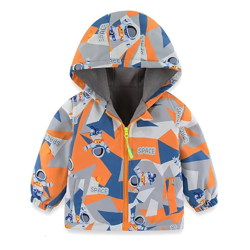 Пуховое пальто, детская куртка для мальчиков, теплая ветровка с флисовой подкладкой, уличные куртки с капюшоном и мультяшным космическим принтом для мальчиков, детские спортивные пальто 230928