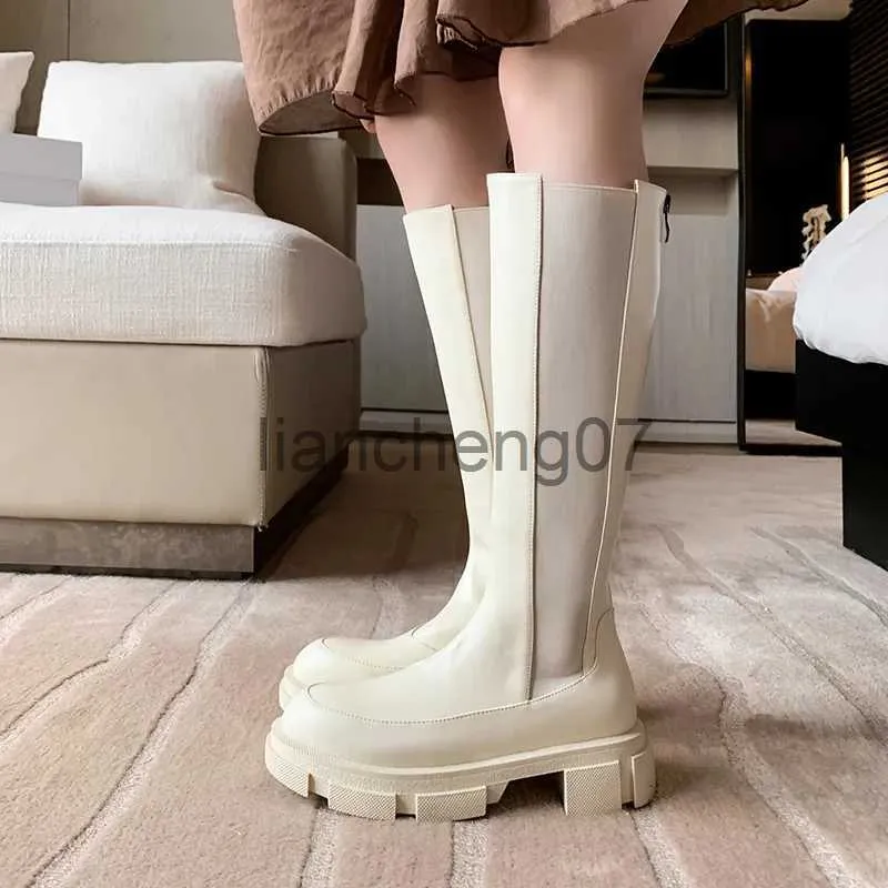 Laarzen Ins Designer Dames Kniehoge Laarzen Lederen Rijlaarzen Platform Dikke Hoge Hak Lange Laarzen Herfst Winter Botas Mujer x0928