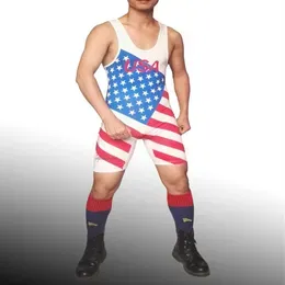 High Cut New American Flag Mens Wrestling Singlet Wrestler Leotard Bodywear Gym Outfit One Piece Tights250d