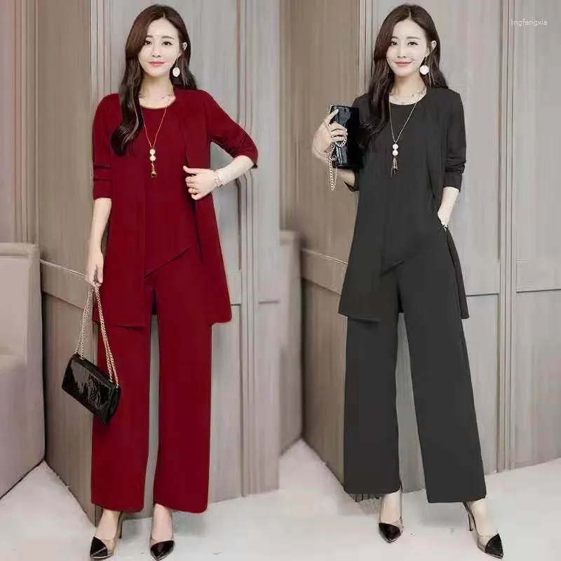 Women's Two Piece Pants Spring Autumn Shawl Tank Top Wide Leg Trousers Jacket Coat Set Women Loose Long Sleeve Sets