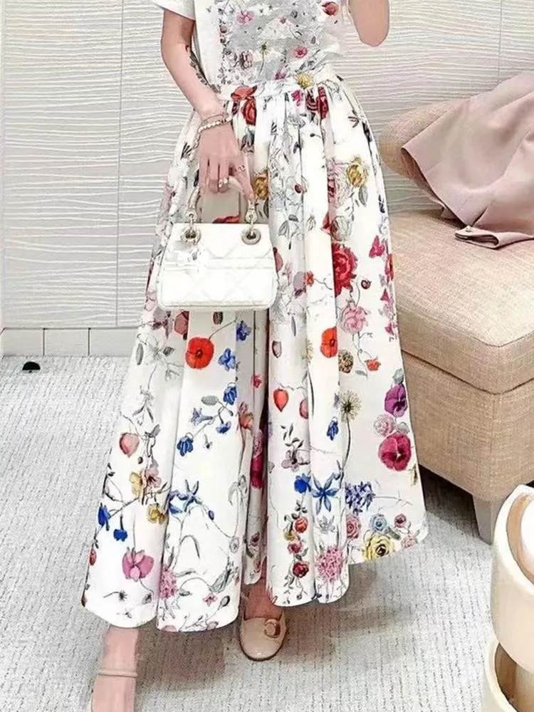 Skirts High-quality Cotton Printed Pleated Skirt With Large Swing Spring And Summer Fashion High Waist Temperament A-line Skirt.
