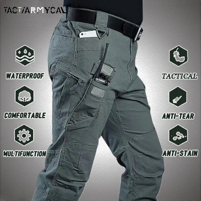 Mäns byxor Mens Tactical Pants Flera fickelasticitet Militär Urban Tacitcal byxor Män vattentät lastbyxa 6xl 230927