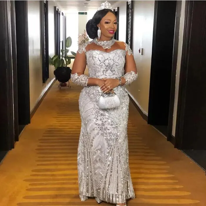 Aso Ebi Style Silver Evening Dresses African Women Party Gowns Lace beaded Mermaid Special Occasion Party Dress Illusion Long Sleeves