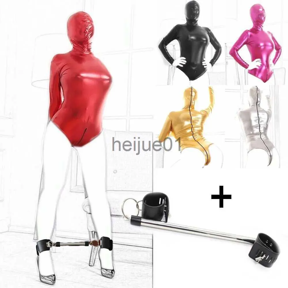 Bondage Pelle verniciata Body Harness Testa di schiavo Cappuccio Maschera Costume SM Slip di ritenuta Gioco di ruolo Spreader Bar Gamba aperta Polsini alla caviglia Gioco x0928