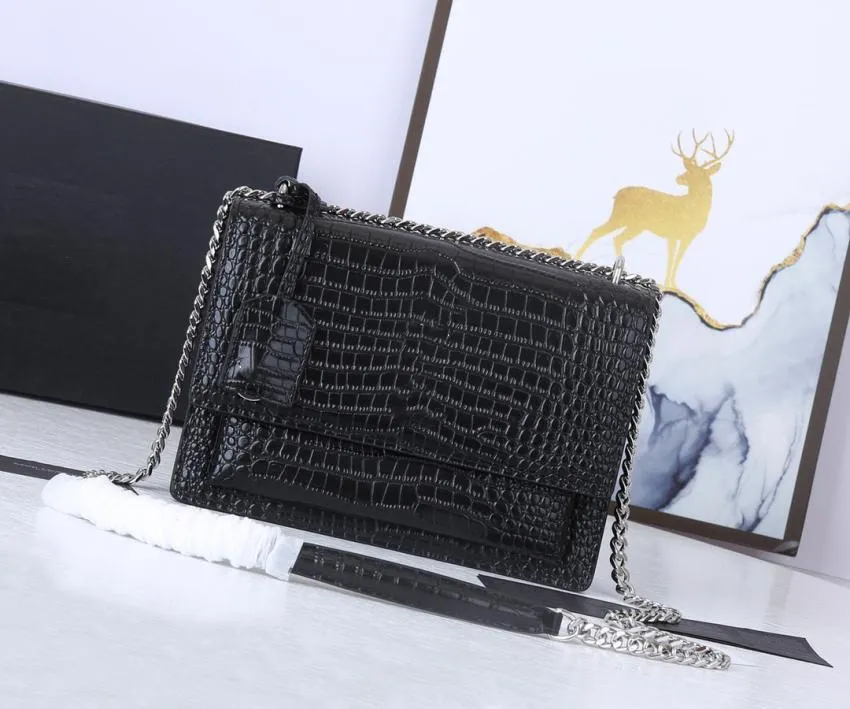 Designer Sunset Medium Crocodile-Embossed Crossbody Bag Women Chain Shoulder Bag Fashion Messenger väskor Högkvalitativ designer Purse Black With Gold Bag