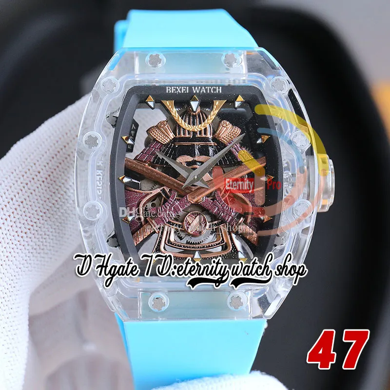 RRF 47 Senaste version Japan Miyota NH Automatiska män Titta på Crystal Transparent Case Golden Samurai Armor Dial Blue Rubber Strap Super Version Eternity armbandsur