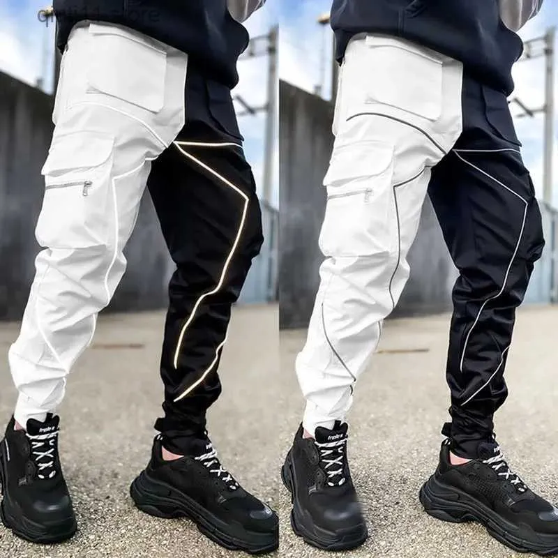 Pantalons pour hommes Hommes Casual Noir Blanc Patchwork Cargo Pantalon Lâche Plus Taille Rayé Multi Poche Jogging Sport Fitness Hip Hop Jogger Pantalon T230928