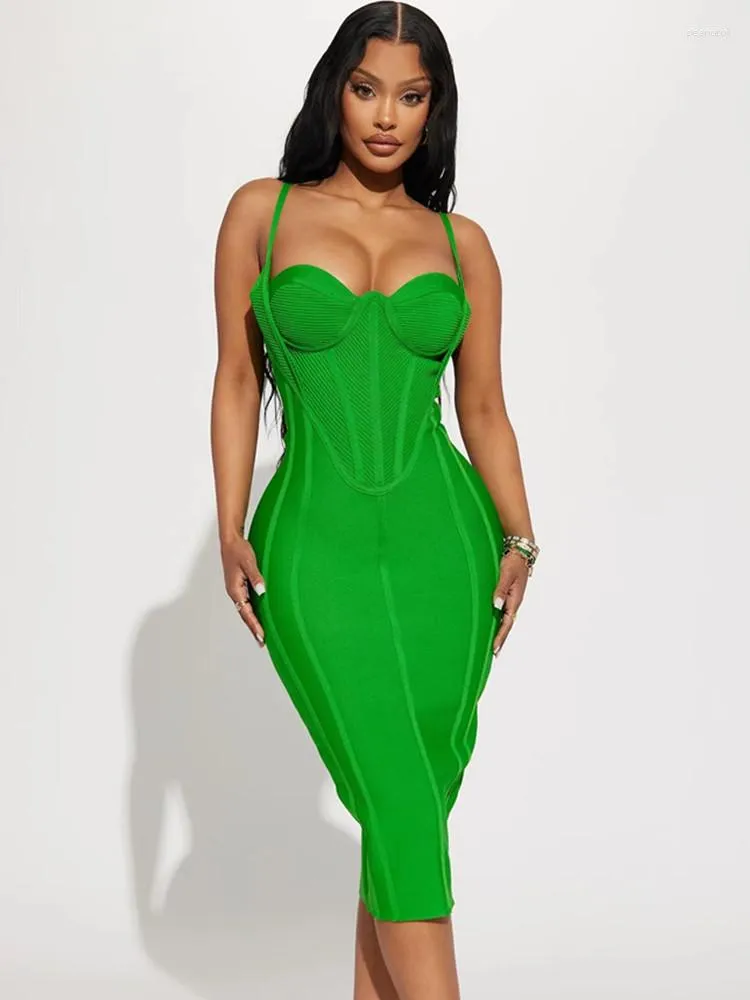 Robes décontractées Celebrity Femmes Été Sexy Sans manches Sans manches Vert Midi Moulante Bandage Robe 2023 Élégant Soirée Club Party