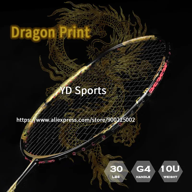 Badmintonschläger 1 Stück Dragon Print 100 Vollcarbon 10U G4 besaitet Anti Shocking Professionnal Trainingsschläger 30LBS Taschen 230927