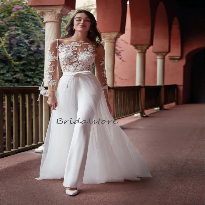 Macacão elegante vestido de noiva com cauda destacável manga comprida renda boho vestido de noiva 2024 transparente praia boêmio 2 em 1 vestido de noiva rústico jardim rústico