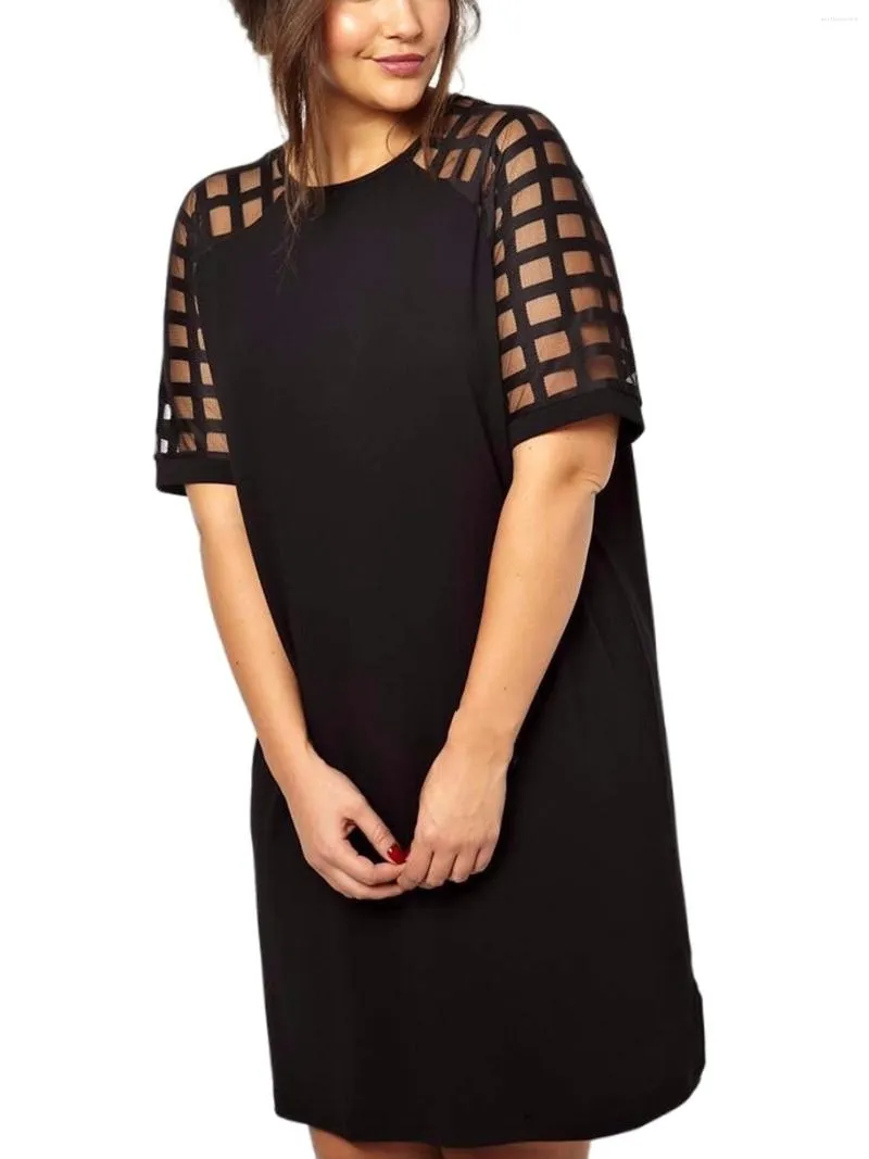 Plus Size Dresses Elegant Summer Short Mesh Sleeve Straight Dress Women Casual Solid Black Cell Print Tunic Tee Large 7XL 8XL