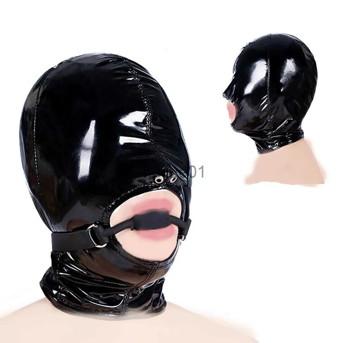 Bondage Patent Leather Headgear Open Mouth Head Harness Hood with Zipper BDSM Bondage O Ring Open Mouth Gag Set Adult Sex Toys x0928