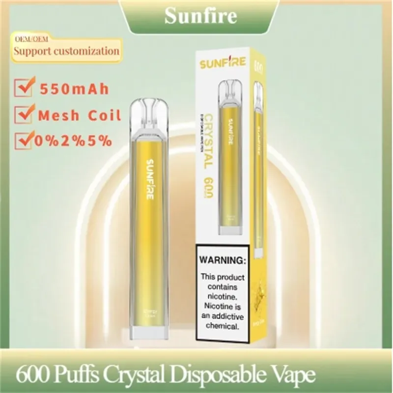 Autentisk Sunfire 600 Puffs Crystal Disposable Vape 2 ml Förfylld 550 mAh Elektronisk cigarettanordning 20 mg 30 mg 50 mg av Aierbota för Slovakien Schweiz EU