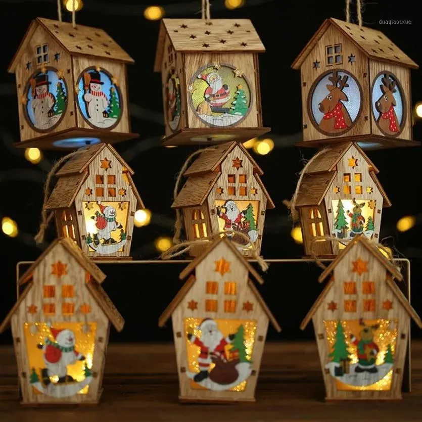 Jul LED Light Wood House Christmas Tree Decorations for Home Holiday Hanging Ornaments Gift Glowing Party Decor13304