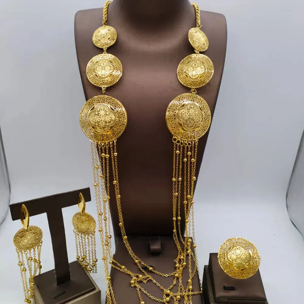 Wedding Jewelry Sets Fashion Dubai Gold Color Jewelry Set For Women African India Long Chain Tassels Necklace Earrings Ring Evening Party Gift 230928
