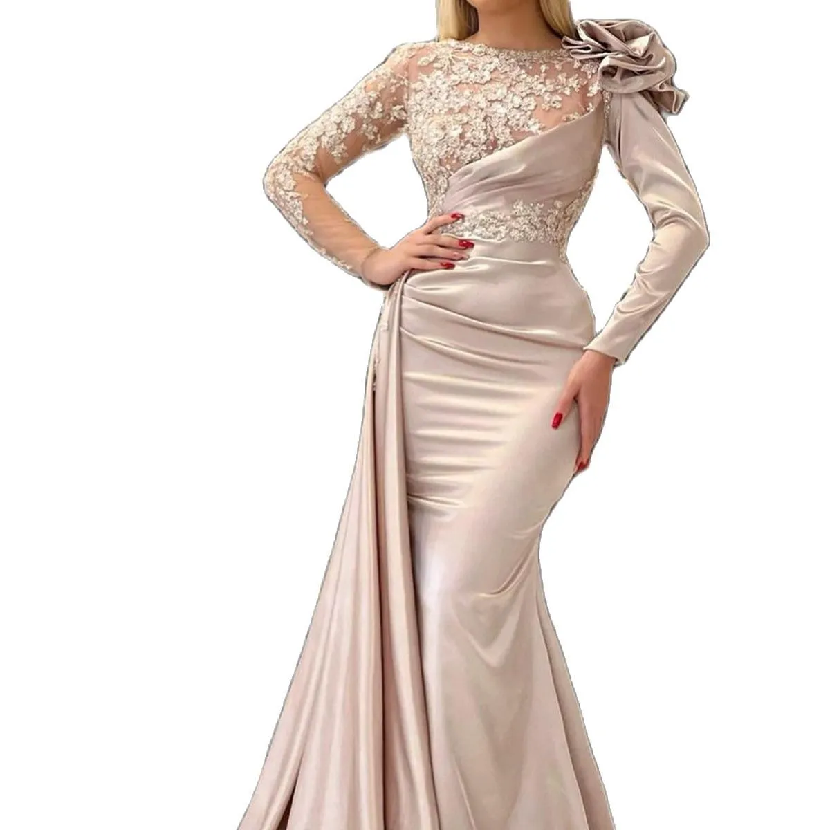 Long Sleeve Mermaid Formal Dress Champagne Color Floor-Length Evening Gown with Crystal Beading and Jewel Neck from Dhgate Evening Dresses - price 162.32 Long Sleeve Mermaid Formal Dress Champagne Color Floor-Length Evening Gown with Crystal Beading and Jewel Neck from Dhgate Evening Dresses - price 162.32