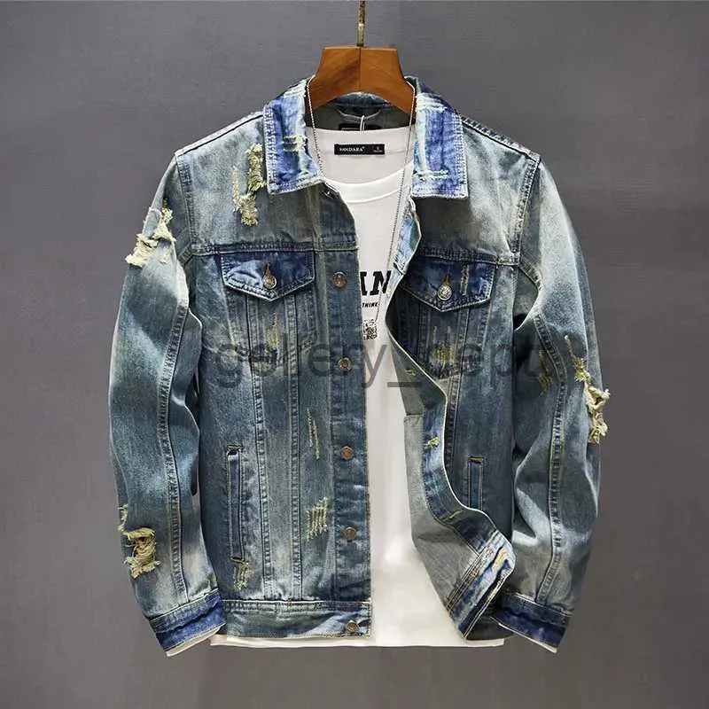 Herrjackor bror wang mäns rippad denim jacka tight retro orolig tvättad klassisk fickdesign smal motorcykel kappa vår höst j230928