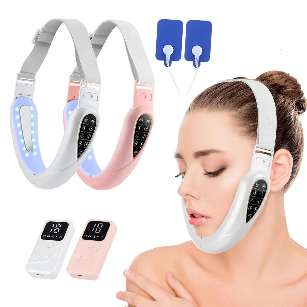 Ansiktsmassager EMS Lyftanordning LED PON THERAPY FACE SLAND TENS PULSE MASSAGER Ta bort Double Chin V-Face-formad kindlyftbälte 230927