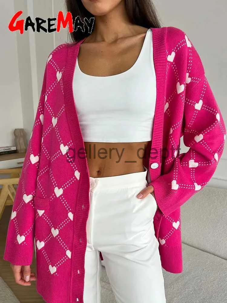 Women's Sweaters Pink Women's Oversize Cardigan with Hearts Print Cute Soft V-neck Thin Knitted Jacket Winter Button Vintage Cardigan for Women J230928