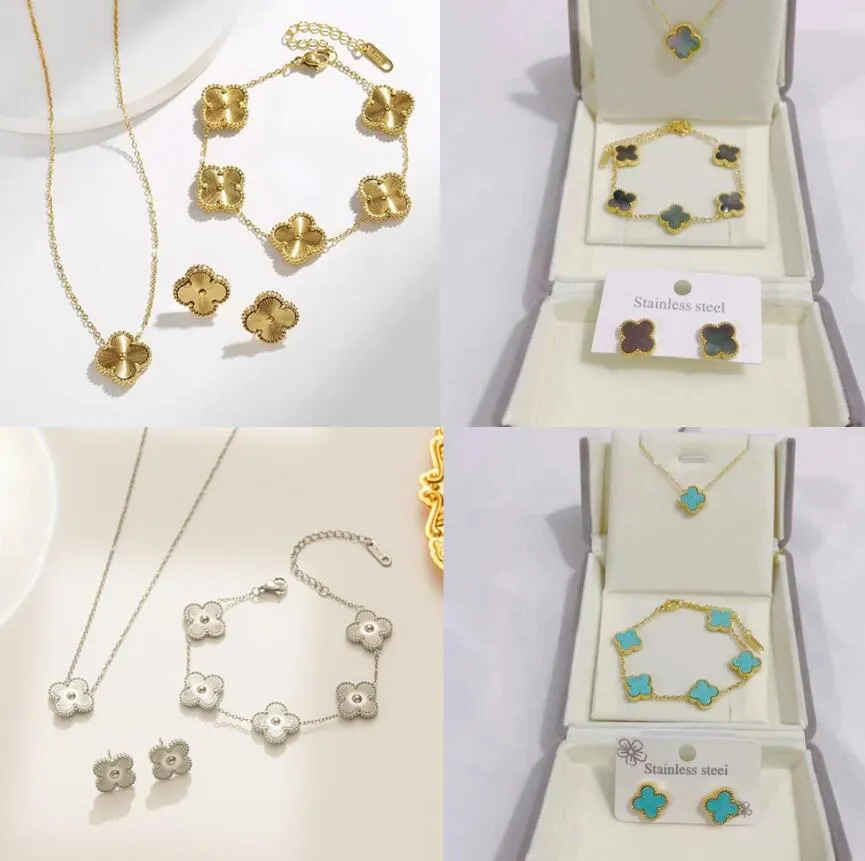 Van Cleef Designer Ensemble de bijoux trèfle à 4 feuilles – Collier, bracelet, boucles d'oreilles à tige | Cadeaux d'anniversaire pour la Saint-Valentin pour femmes (sans boîte)