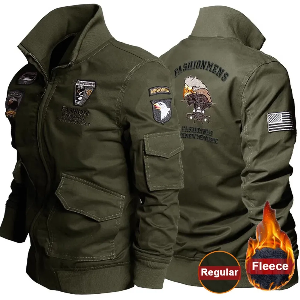 Mäns jackor Taktisk pilotjacka Men Militär luftburen fleece -bombplan Jackor Cotton Eagle Embroidery Army Coats Causal Stand Collar Outwear 230927