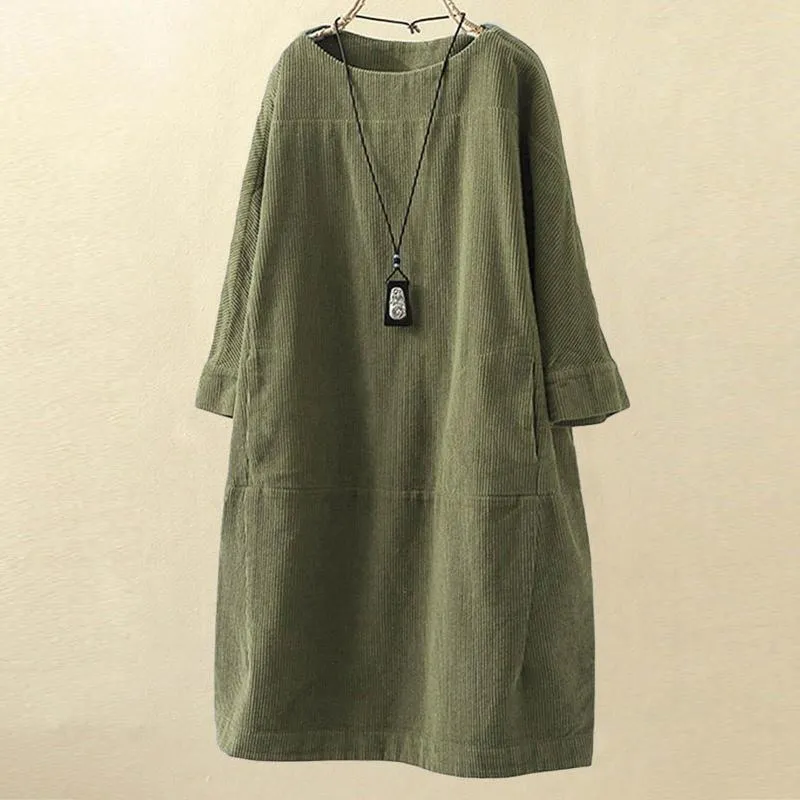 Casual Dresses Women Dress Autumn Winter 2023 Warm Solid Color Pockets Corduroy Loose Midi Bohemian Robe Clothing Vestidos