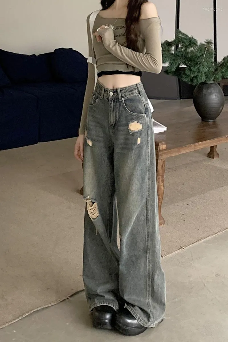 Женские джинсы в американском стиле, рваные осенние свободные прямые широкие брюки в стиле ретро, потертые брюки Y2K Spicy Girl High Street