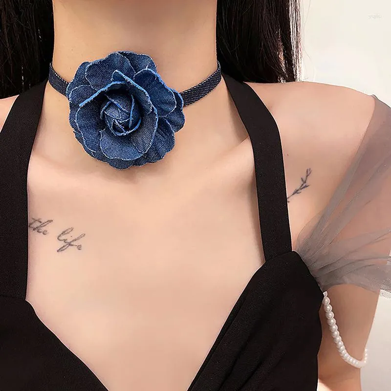 Choker Vintage Blue Jean Multi -Warsteers Flower for Women Femme Cloth Chunky Naszyjnik Ślubna biżuteria