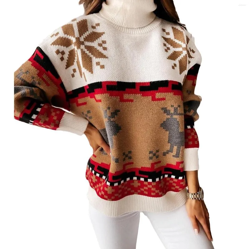 Kvinnors tröjor Kvinnor Julturtleneck långärmad älg snöflinga mönster Löst stickade toppar tröja hösten vinter