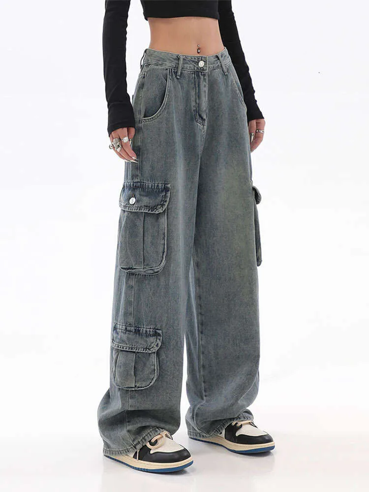 Blå lastbyxor kvinnor avslappnad hippie denim byxor baggy låg midja mamma jeans kvinnor vintage 90 -tal grunge streetwear tidvatten