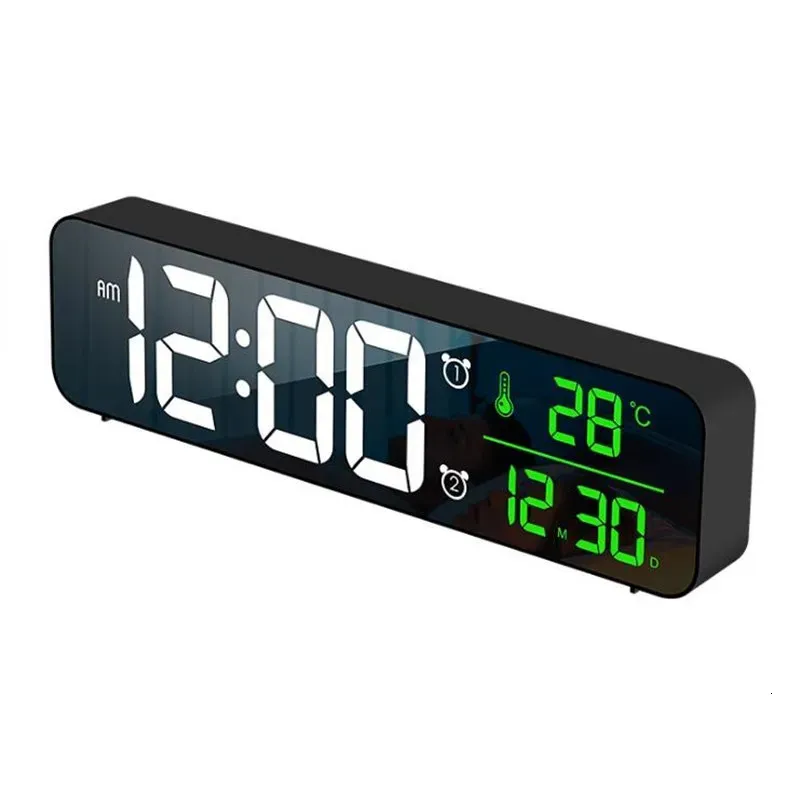 Skrivbordsklockor LED Digital Alarm Clock Temperatur Datum Display Snooze USB Desktop Strip Mirror för vardagsrumsdekoration 230921