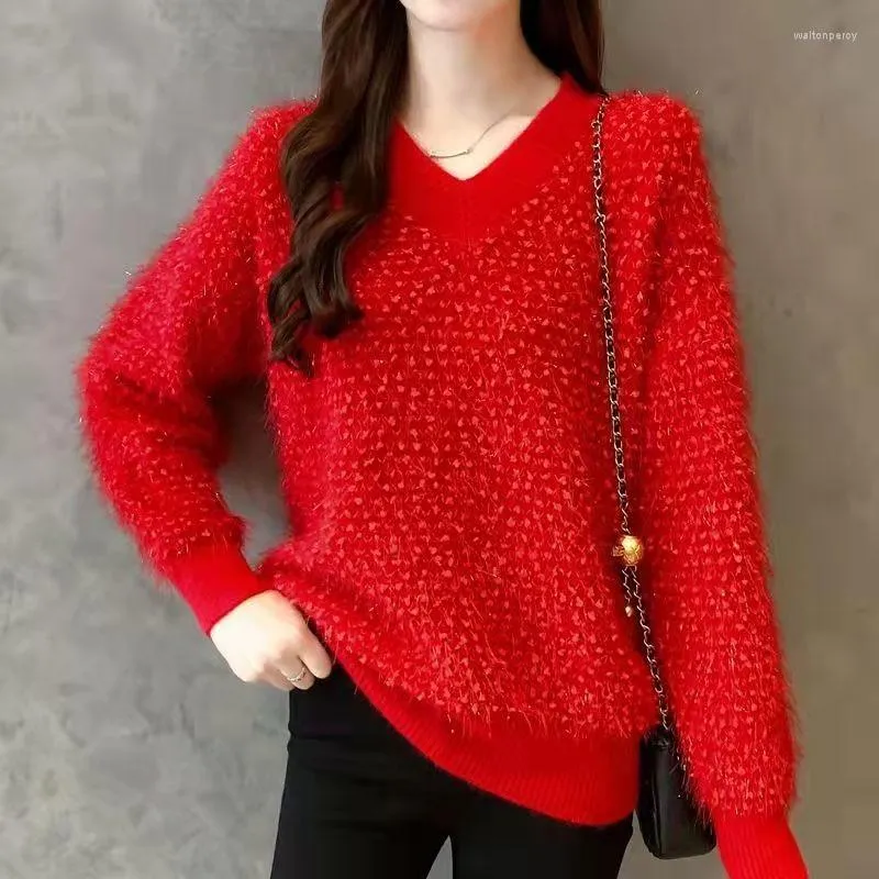 Damenpullover Roter Frühling Prinzessin Pelz Pelziger Plüschpullover V-Kragen Warmer Pullover Frauen Mädchen Pull Slim Top Tuch Außenmantel