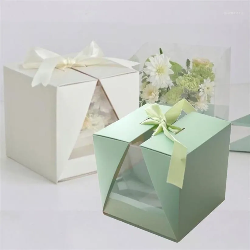Прозрачная складная портативная бумажная коробка из ПВХ с квадратным V-образным окном и лентой-сюрпризом, букет роз, европейская композиция gif1298U