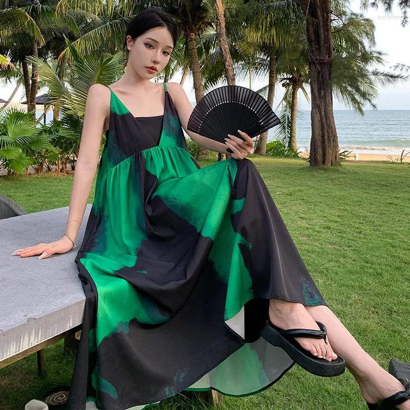 Casual Dresses 2023 Korean Chic And Elgent Black Green Tie-Dyed Party Dress For Women Sexy Backless Loose Bohemian Robe Long