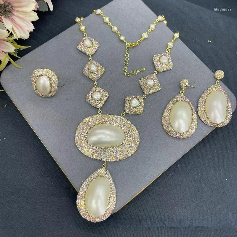 Collier et boucles d'oreilles ensemble naturel blanc Mabei perle d'eau douce incrusté de strass trois pièces bijoux haut de gamme luxe fête de mariage pour femmes