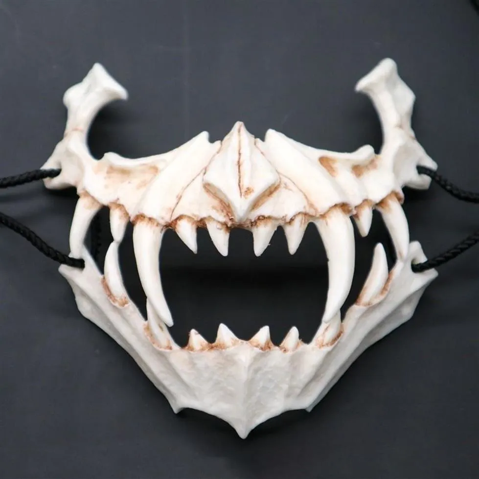 Half Animal Mask Long Teeth Demon Samurai White Bone Mask Tengu Dragon Yaksa Tiger Resin Mask Cosplay T200509273k