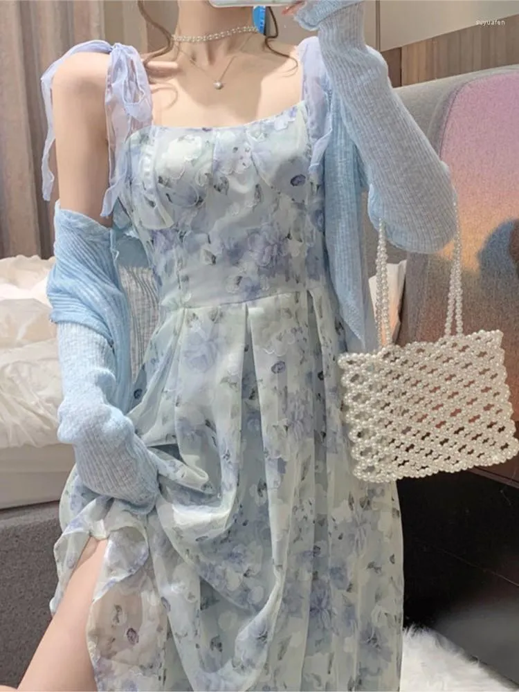 Casual Dresses JuneLove Elegant Strap Floral Midi Dress Women Vintage Sweet Print Princess Boho Classy Party Holiday Fairy Summer