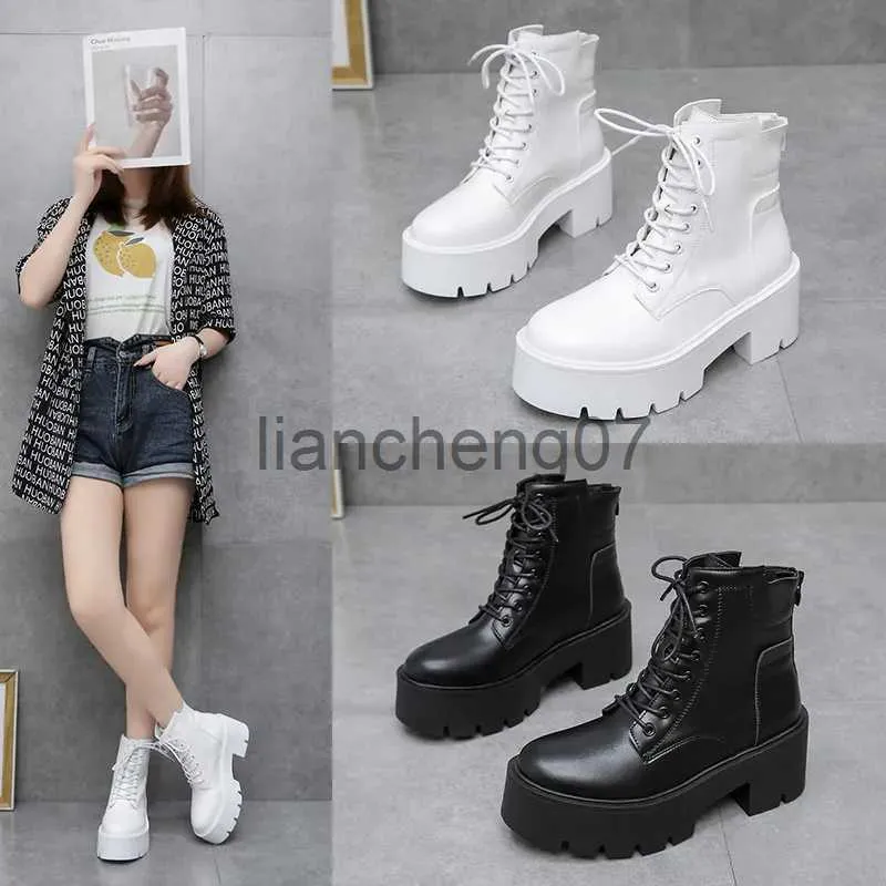 Boots Black Pu Leather Canle Boots Women New Autumn Winter Round Toe Lace Up Shoes Woman New Motorcycle Platform Boots Ladies X0928