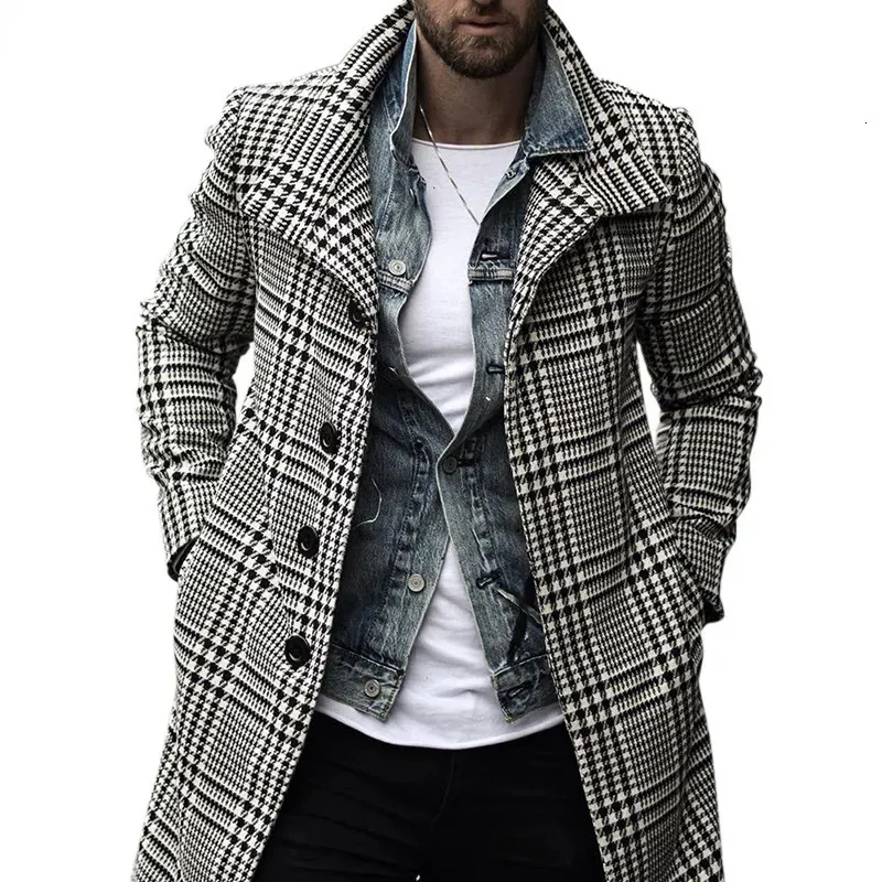 Men's Wool Blends Mens Fashion Plaid Checked Trench Coat Slim Fit Streetwear Overcoat Single Breasted Outwear Windbreaker 230927