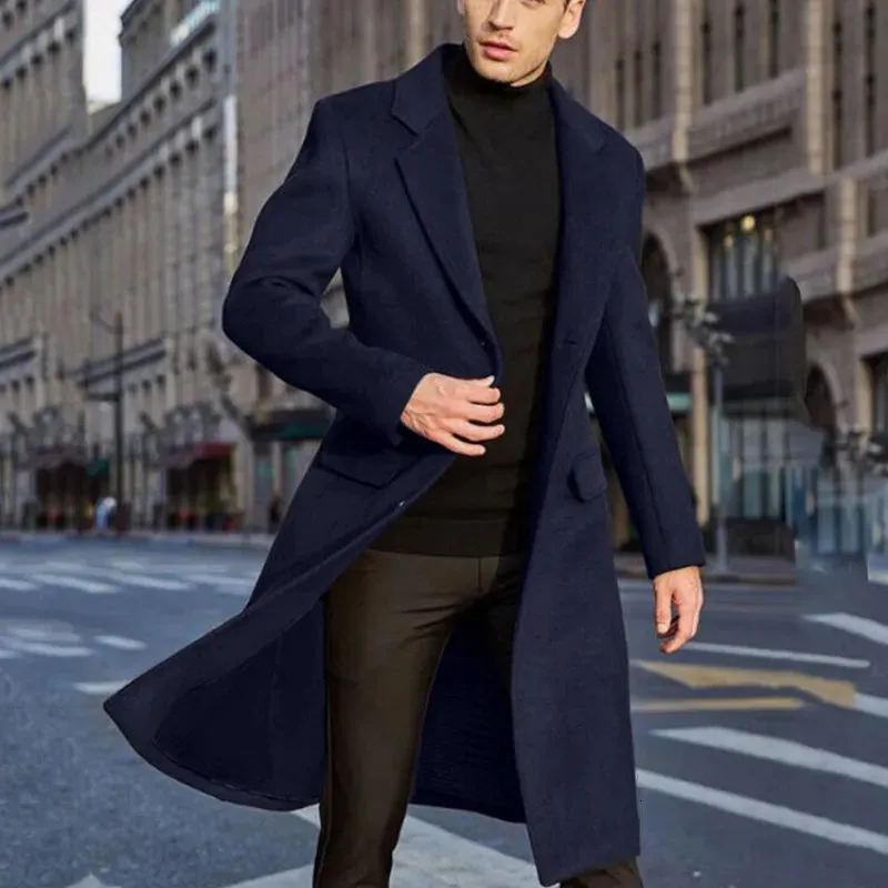 تمتزج الصوف للرجال 5 ألوان 2023 Autumnwinter Long Woolen Woodbreaker Warm Fit Coat Single Single Reasted Trench Men 230927