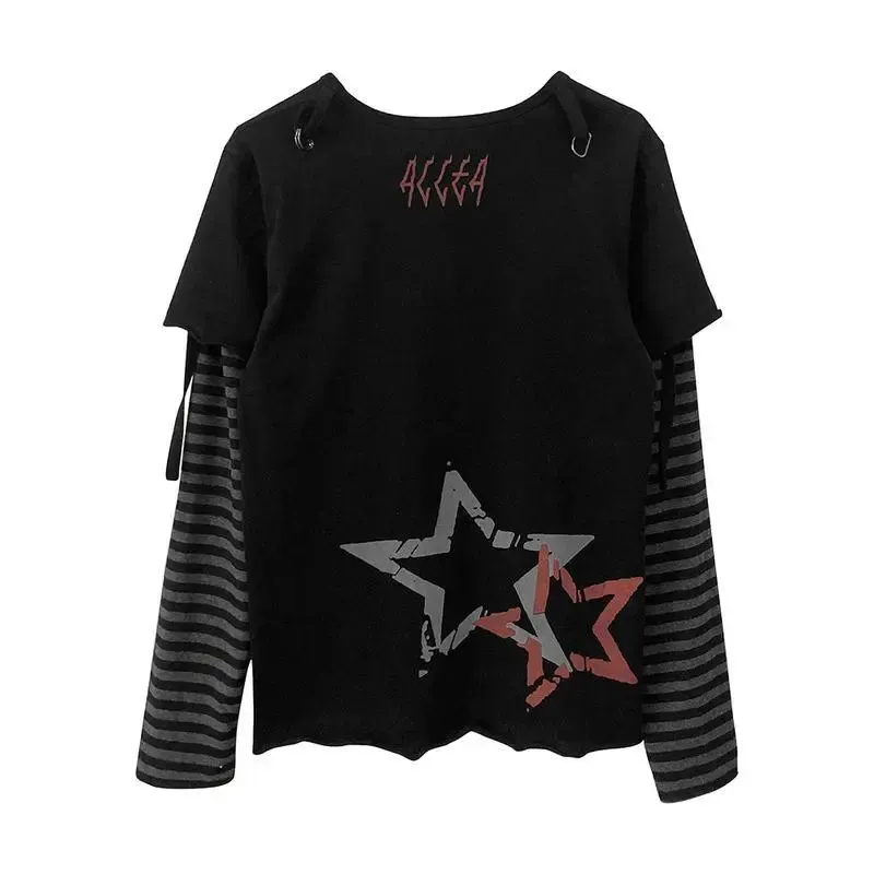 Y2K Subculture T Shirt Hoodie Womens Long Sleeve Faux Two Piece 