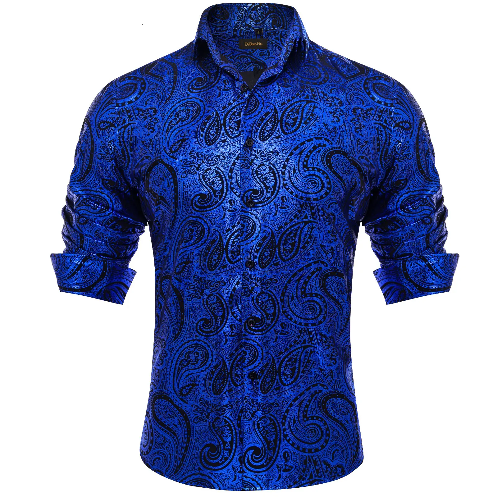 Herrklänningskjortor Luxury Royal Blue Paisley Silk Wedding Party Performence Shirt For Men Social Clothing Camisas de Hombre 230927